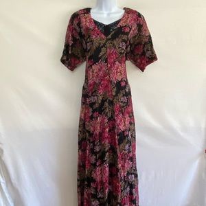 I-70 Nostalgia Vintage Colorful Floral Lace Short Sleeve Lined Maxi Dress Size L